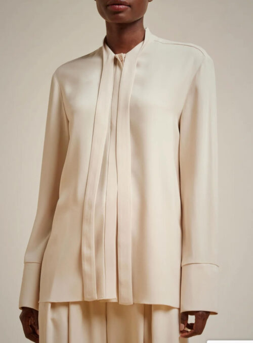 Beżowa bluzka Liviana Conti z wiązaniem przy szyi, wykonana z wiskozy i acetatu