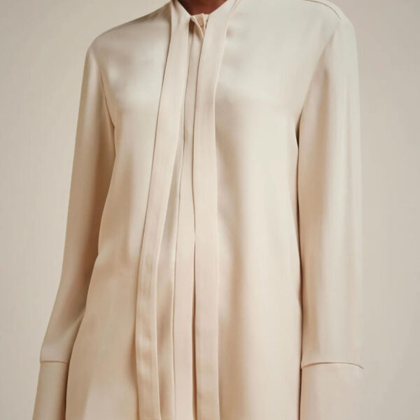 Beżowa bluzka Liviana Conti z wiązaniem przy szyi, wykonana z wiskozy i acetatu